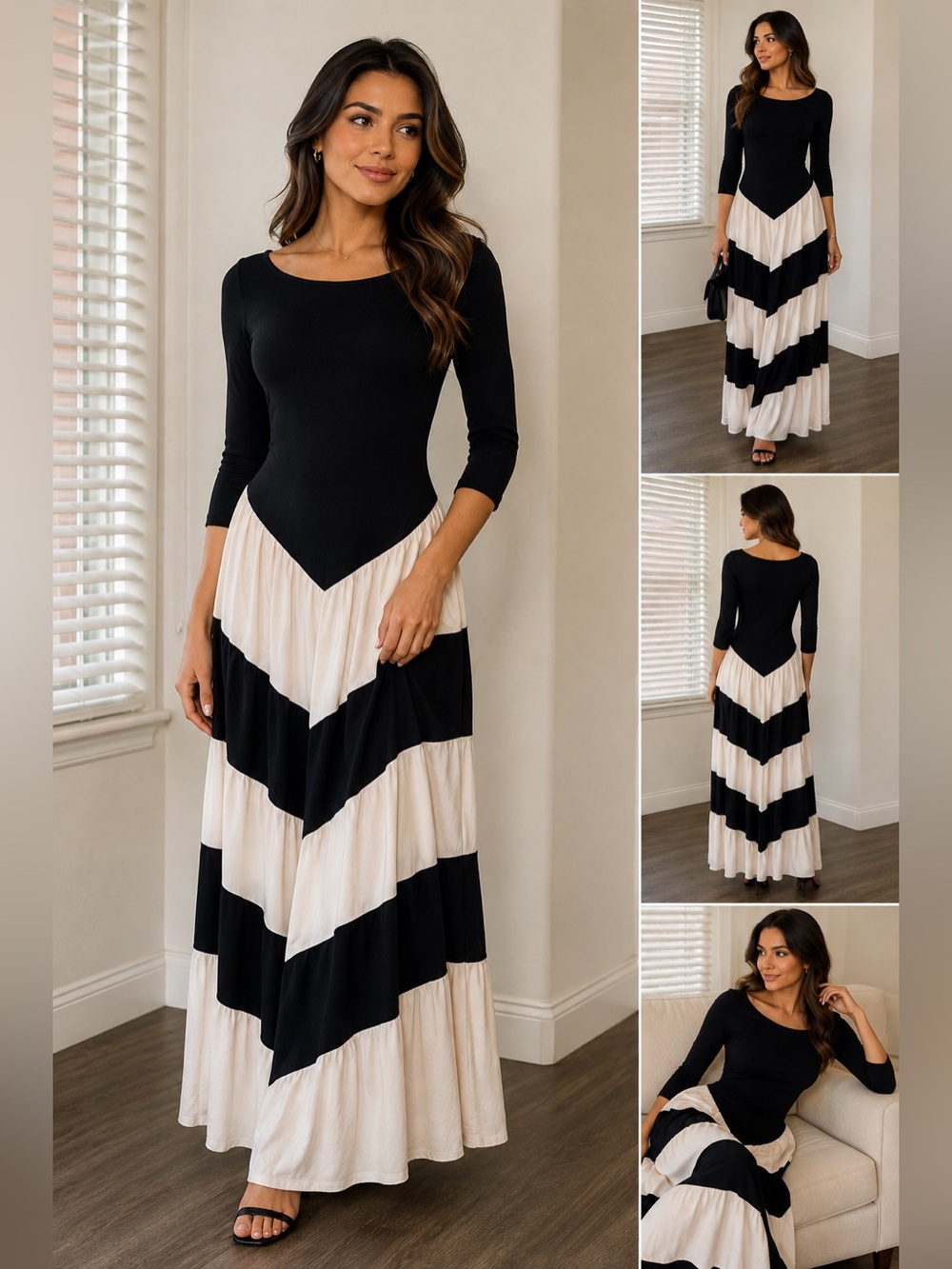 Gabriella Rocha Black & Cream Chevron Maxi Dress size small /medium